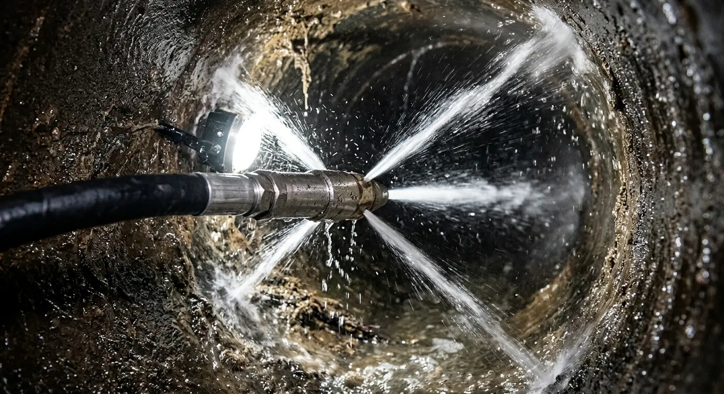High-pressure hydro jetting nozzle cleaning sewer pipe for Emergency Drain Service in Union Hill-Novelty Hill
