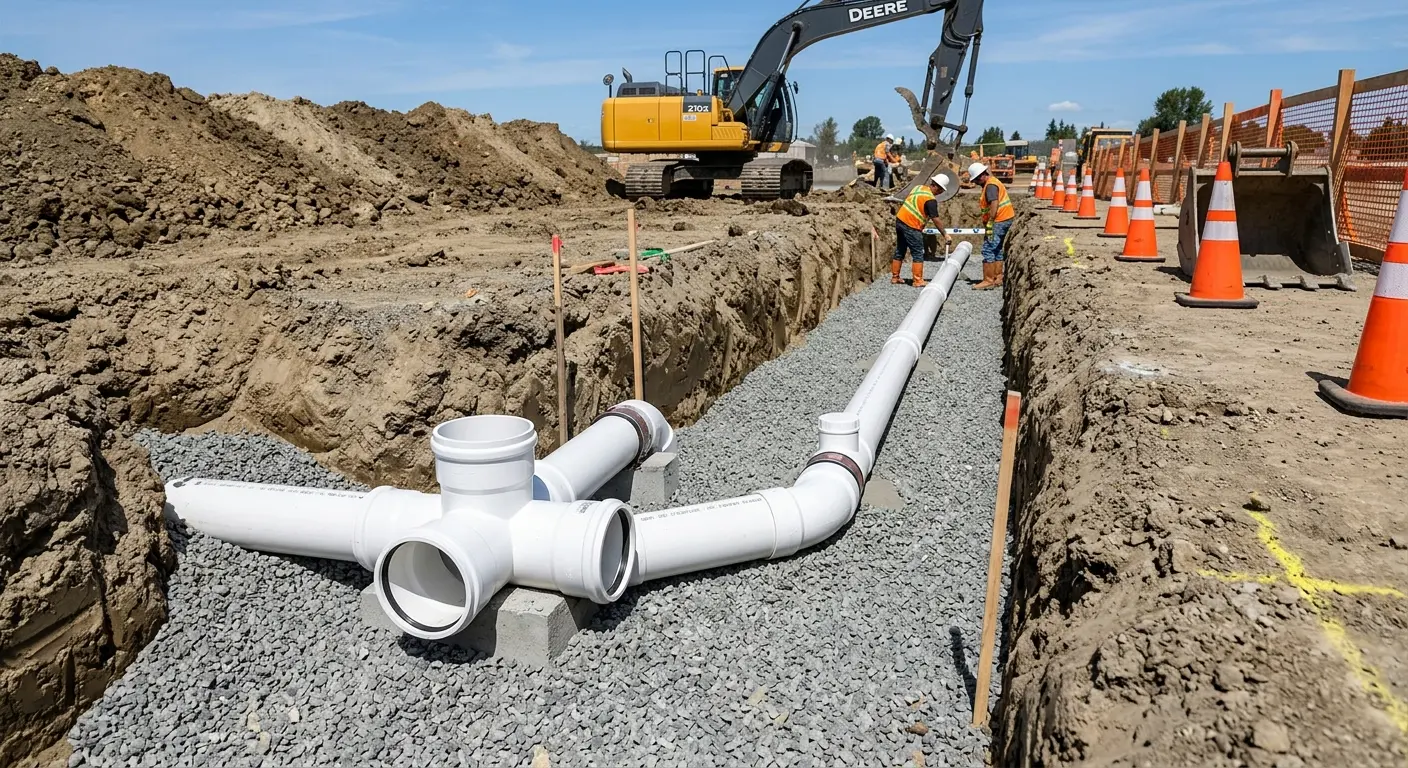 New PVC sewer pipe installation in open trench for Sewer Backup in Union Hill-Novelty Hill