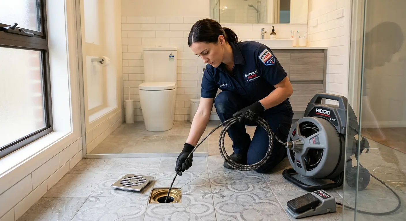 Technician clearing a bathroom floor drain for Drain Cleaning in Union Hill-Novelty Hill